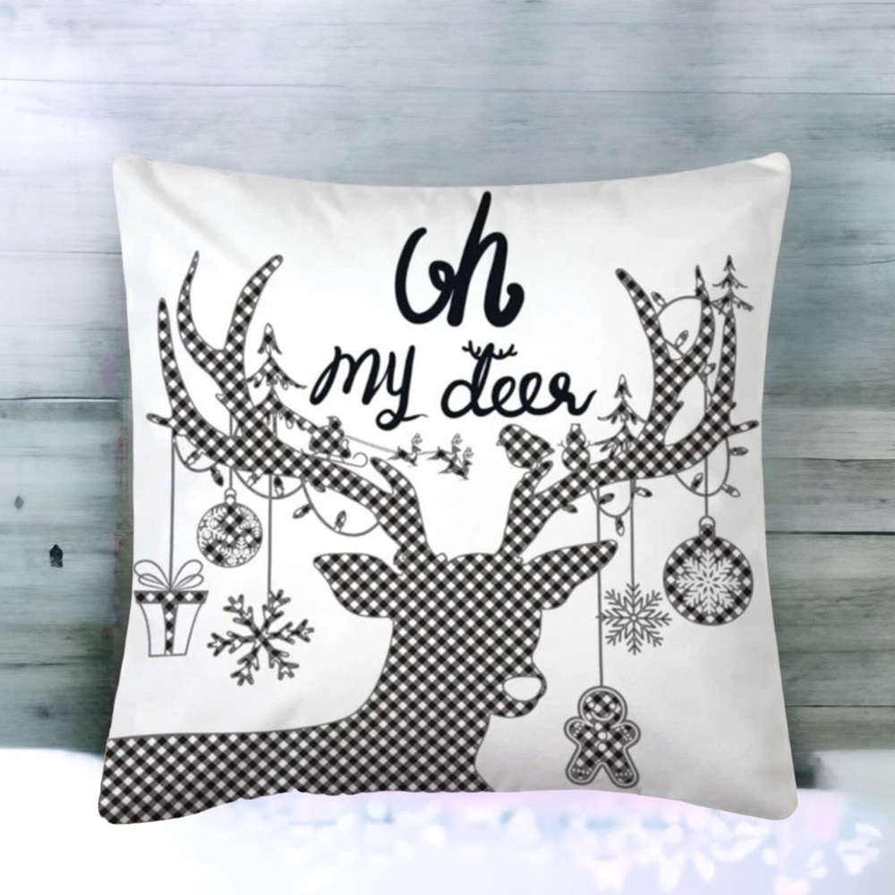 Pillow Cover Deer Christmas Zip Up Farmhouse White Black Plaid Large 17.7 in